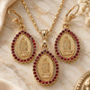 Oro Laminado Earring and Pendant Adult Set, Gold Filled Style Guadalupe and Teardrop Design, with Garnet Crystal, Polished, Golden Finish, 10.351.0012.1