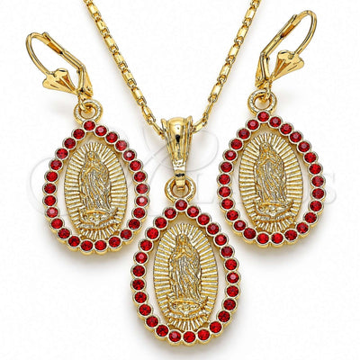 Oro Laminado Earring and Pendant Adult Set, Gold Filled Style Guadalupe and Teardrop Design, with Garnet Crystal, Polished, Golden Finish, 10.351.0012.1