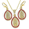 Oro Laminado Earring and Pendant Adult Set, Gold Filled Style Guadalupe and Teardrop Design, with Garnet Crystal, Polished, Golden Finish, 10.351.0012.1