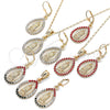 Oro Laminado Earring and Pendant Adult Set, Gold Filled Style Guadalupe and Teardrop Design, with Garnet Crystal, Polished, Golden Finish, 10.351.0012.1
