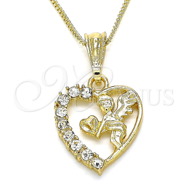 Oro Laminado Pendant Necklace, Gold Filled Style Heart and Angel Design, with White Crystal, Polished, Golden Finish, 04.351.0011.20 (02 MM Thickness, 20 Inches Length)