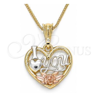 Oro Laminado Pendant Necklace, Gold Filled Style Heart and Flower Design, Polished, Tricolor, 04.351.0012.20 (02 MM Thickness, 20 Inches Length)