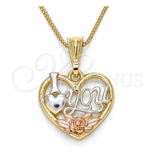 Oro Laminado Pendant Necklace, Gold Filled Style Heart and Flower Design, Polished, Tricolor, 04.351.0012.20 (02 MM Thickness, 20 Inches Length)
