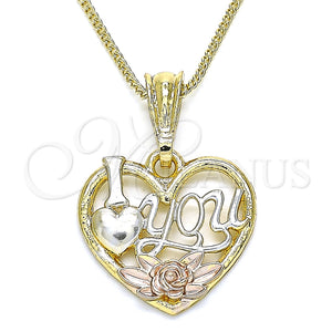 Gold Filled Necklace — Pendant Necklace Heart and Flower Design Polished Tricolor — main product view — SKU 135257 | Oro Laminado collar — Pendant Necklace corazón and flor diseño pulido Tricolor — SKU 135257