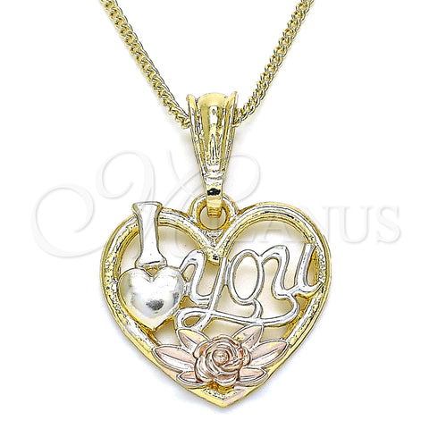 Oro Laminado Pendant Necklace, Gold Filled Style Heart and Flower Design, Polished, Tricolor, 04.351.0012.20 (02 MM Thickness, 20 Inches Length)