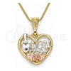 Oro Laminado Pendant Necklace, Gold Filled Style Heart and Flower Design, Polished, Tricolor, 04.351.0012.20 (02 MM Thickness, 20 Inches Length)