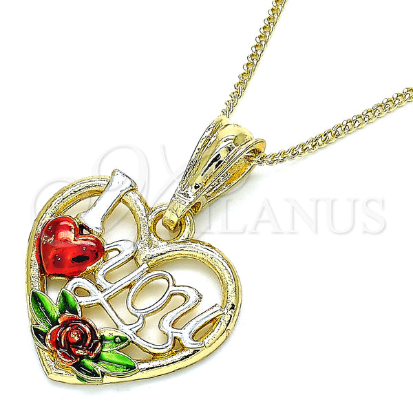 Oro Laminado Pendant Necklace, Gold Filled Style Heart and Flower Design, Polished, Tricolor, 04.351.0012.1.20 (02 MM Thickness, 20 Inches Length)