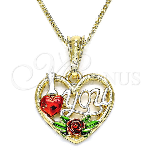 Oro Laminado Pendant Necklace, Gold Filled Style Heart and Flower Design, Polished, Tricolor, 04.351.0012.1.20 (02 MM Thickness, 20 Inches Length)