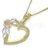 Oro Laminado Pendant Necklace, Gold Filled Style Heart and Flower Design, Polished, Tricolor, 04.351.0013.1.20 (02 MM Thickness, 20 Inches Length)