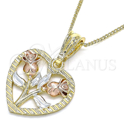 Oro Laminado Pendant Necklace, Gold Filled Style Heart and Flower Design, Polished, Tricolor, 04.351.0014.20 (02 MM Thickness, 20 Inches Length)