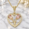 Oro Laminado Pendant Necklace, Gold Filled Style Heart and Flower Design, Polished, Tricolor, 04.351.0014.20 (02 MM Thickness, 20 Inches Length)