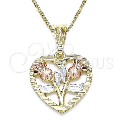 Oro Laminado Pendant Necklace, Gold Filled Style Heart and Flower Design, Polished, Tricolor, 04.351.0014.20 for wholesale, main product view