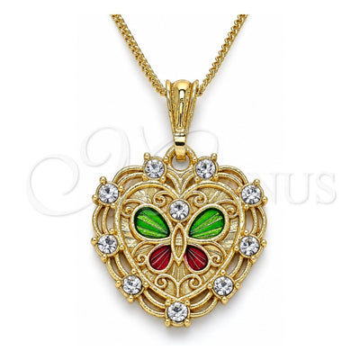 Oro Laminado Pendant Necklace, Gold Filled Style Heart and Butterfly Design, with White Crystal, Polished, Tricolor, 04.351.0015.20 (02 MM Thickness, 20 Inches Length)