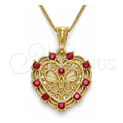 Oro Laminado Pendant Necklace, Gold Filled Style Heart and Butterfly Design, with Garnet Crystal, Polished, Golden Finish, 04.351.0015.1.20 (02 MM Thickness, 20 Inches Length)