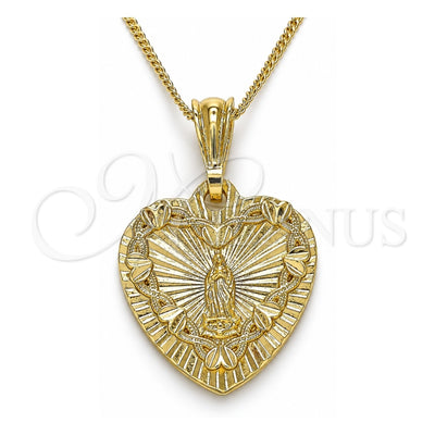 Oro Laminado Pendant Necklace, Gold Filled Style Heart and Guadalupe Design, Polished, Golden Finish, 04.351.0016.1.20 (02 MM Thickness, 20 Inches Length)