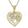 Oro Laminado Pendant Necklace, Gold Filled Style Heart and Flower Design, with White Crystal, Polished, Tricolor, 04.351.0018.20 (02 MM Thickness, 20 Inches Length)