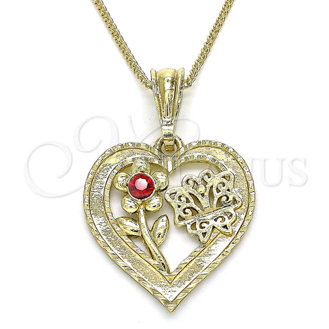 Oro Laminado Pendant Necklace, Gold Filled Style Heart and Flower Design, with Garnet Crystal, Polished, Golden Finish, 04.351.0018.1.20 (02 MM Thickness, 20 Inches Length)