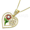 Oro Laminado Pendant Necklace, Gold Filled Style Heart and Flower Design, with White Crystal, Polished, Tricolor, 04.351.0018.2.20 (02 MM Thickness, 20 Inches Length)