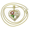 Oro Laminado Pendant Necklace, Gold Filled Style Heart and Flower Design, with White Crystal, Polished, Tricolor, 04.351.0018.2.20 (02 MM Thickness, 20 Inches Length)