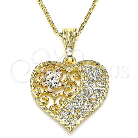 Oro Laminado Pendant Necklace, Gold Filled Style Heart and Dragon-Fly Design, with White Crystal, Polished, Tricolor, 04.351.0019.1.20 (02 MM Thickness, 20 Inches Length)