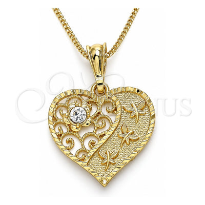 Oro Laminado Pendant Necklace, Gold Filled Style Heart and Dragon-Fly Design, with White Crystal, Polished, Golden Finish, 04.351.0019.2.20 (02 MM Thickness, 20 Inches Length)