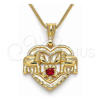 Oro Laminado Pendant Necklace, Gold Filled Style Heart and Elephant Design, with Garnet Crystal, Polished, Golden Finish, 04.351.0020.20 (02 MM Thickness, 20 Inches Length)