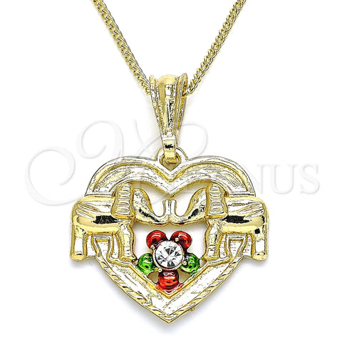 Oro Laminado Pendant Necklace, Gold Filled Style Heart and Elephant Design, with White Crystal, Polished, Tricolor, 04.351.0020.3.20 (02 MM Thickness, 20 Inches Length)
