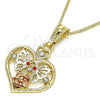 Oro Laminado Pendant Necklace, Gold Filled Style Heart and Butterfly Design, with Garnet and White Crystal, Polished, Tricolor, 04.351.0022.20 (02 MM Thickness, 20 Inches Length)