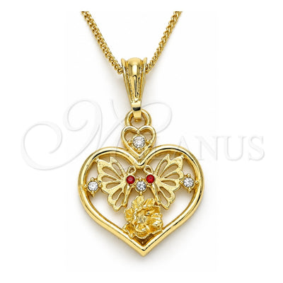 Oro Laminado Pendant Necklace, Gold Filled Style Heart and Butterfly Design, with Garnet and White Crystal, Polished, Golden Finish, 04.351.0022.1.20 (02 MM Thickness, 20 Inches Length)