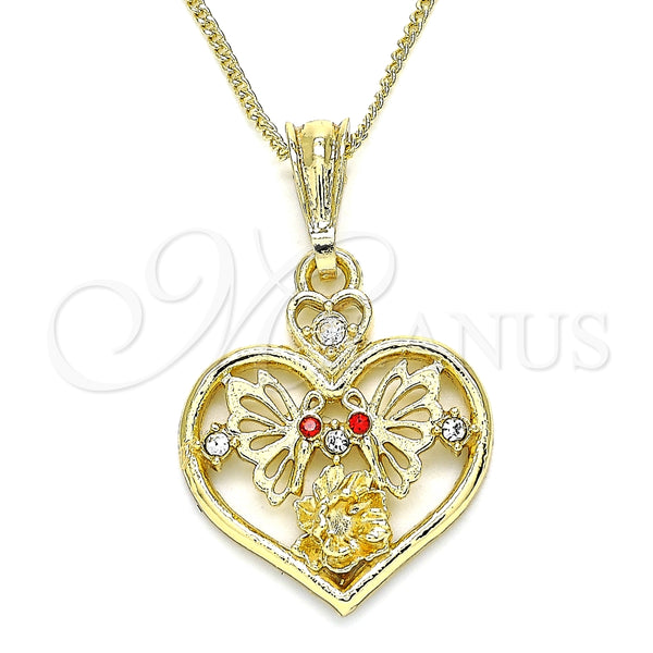 Oro Laminado Pendant Necklace, Gold Filled Style Heart and Butterfly Design, with Garnet and White Crystal, Polished, Golden Finish, 04.351.0022.1.20 (02 MM Thickness, 20 Inches Length)