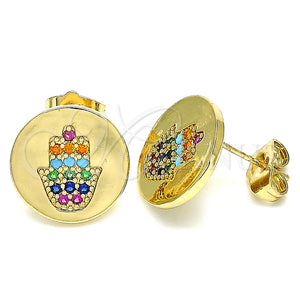 Oro Laminado Stud Earring, Gold Filled Style Hand of God and Judaica Design, with Multicolor Micro Pave, Polished, Golden Finish, 02.210.0432