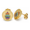 Oro Laminado Stud Earring, Gold Filled Style Hand of God and Judaica Design, with Multicolor Micro Pave, Polished, Golden Finish, 02.210.0432