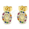 Oro Laminado Stud Earring, Gold Filled Style Guadalupe Design, with Multicolor Micro Pave, Polished, Golden Finish, 02.210.0433.1