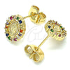Oro Laminado Stud Earring, Gold Filled Style Guadalupe Design, with Multicolor Micro Pave, Polished, Golden Finish, 02.210.0433.1