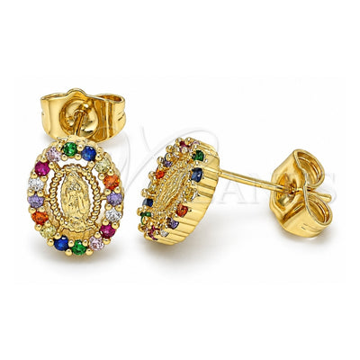 Oro Laminado Stud Earring, Gold Filled Style Guadalupe Design, with Multicolor Micro Pave, Polished, Golden Finish, 02.210.0433.1