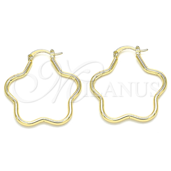 Gold Filled Hoop Earrings — Medium Hoop Flower Design Polished 02. — main product view — SKU 135300 | Oro Laminado aretes de aro — Medium Hoop flor diseño pulido 02. — SKU 135300