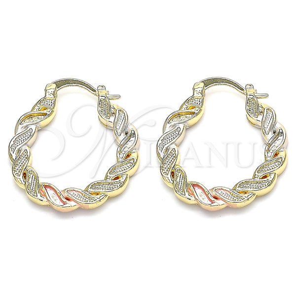 Gold Filled Hoop Earrings — Small Hoop Twist Design Polished Tricolor 02. — main product view — SKU 135328 | Oro Laminado aretes de aro — Small Hoop Twist diseño pulido Tricolor 02. — SKU 135328