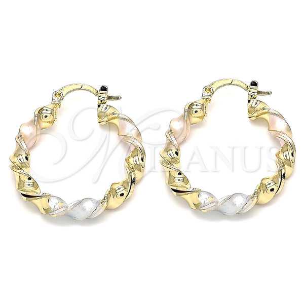Gold Filled Hoop Earrings — Small Hoop Twist Design Polished Tricolor 02. — main product view — SKU 135329 | Oro Laminado aretes de aro — Small Hoop Twist diseño pulido Tricolor 02. — SKU 135329