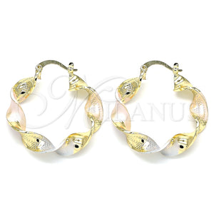 Gold Filled Hoop Earrings — Medium Hoop Twist and Greek Key Design Polished — main product view — SKU 135332 | Oro Laminado aretes de aro — Medium Hoop Twist and Greek Key diseño pulido — SKU 135332