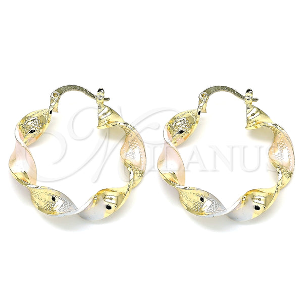 Gold Filled Hoop Earrings — Medium Hoop Twist and Greek Key Design Polished — main product view — SKU 135332 | Oro Laminado aretes de aro — Medium Hoop Twist and Greek Key diseño pulido — SKU 135332