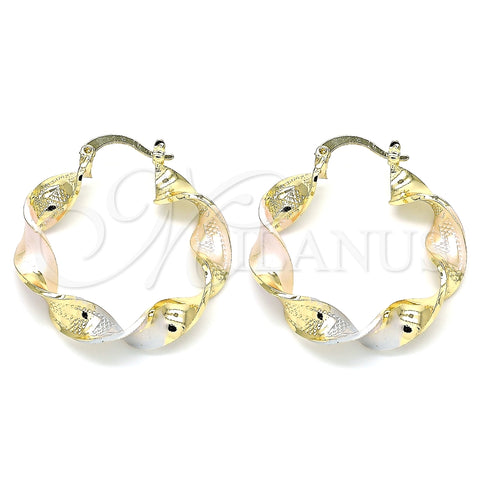 Oro Laminado Medium Hoop, Gold Filled Style Twist and Greek Key Design, Polished, Tricolor, 02.170.0342.1.30