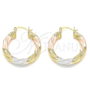 Gold Filled Hoop Earrings — Medium Hoop Twist and Hollow Design Matte Tricolor — main product view — SKU 135334 | Oro Laminado aretes de aro — Medium Hoop Twist and Hollow diseño Matte Tricolor — SKU 135334