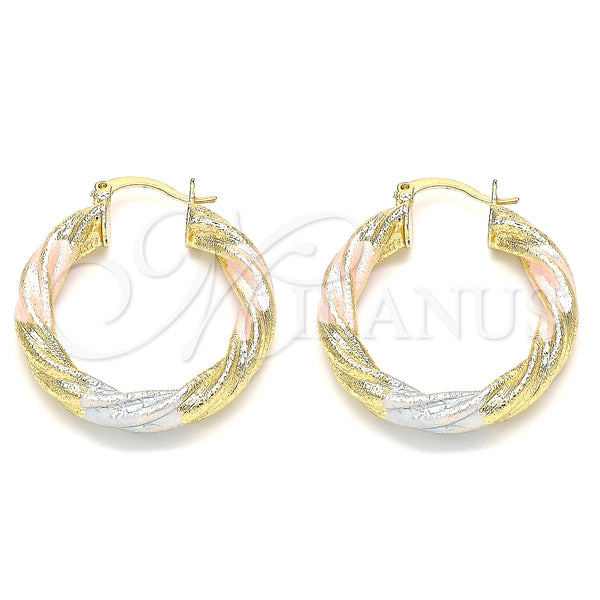Gold Filled Hoop Earrings — Medium Hoop Twist and Hollow Design Matte Tricolor — main product view — SKU 135334 | Oro Laminado aretes de aro — Medium Hoop Twist and Hollow diseño Matte Tricolor — SKU 135334