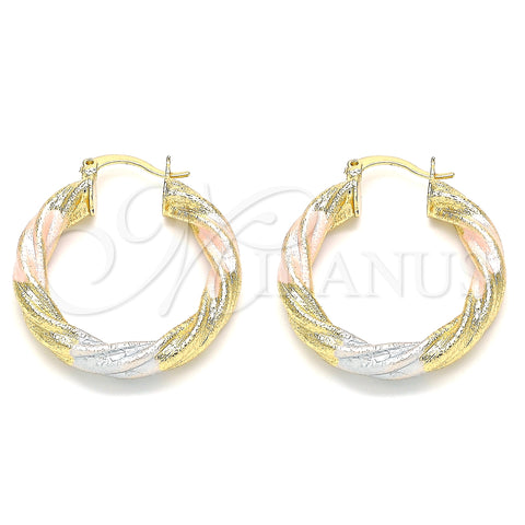 Oro Laminado Medium Hoop, Gold Filled Style Twist and Hollow Design, Matte Finish, Tricolor, 02.170.0132.1.30