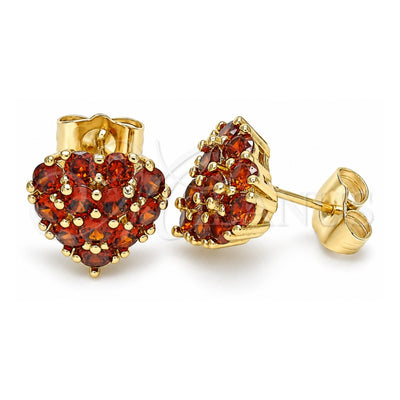 Oro Laminado Stud Earring, Gold Filled Style Heart Design, with Garnet Cubic Zirconia, Polished, Golden Finish, 02.346.0003.1