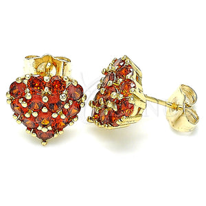 Oro Laminado Stud Earring, Gold Filled Style Heart Design, with Garnet Cubic Zirconia, Polished, Golden Finish, 02.346.0003.1