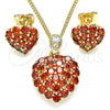 Oro Laminado Earring and Pendant Adult Set, Gold Filled Style Heart Design, with Garnet Cubic Zirconia, Polished, Golden Finish, 10.346.0001.1