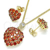 Oro Laminado Earring and Pendant Adult Set, Gold Filled Style Heart Design, with Garnet Cubic Zirconia, Polished, Golden Finish, 10.346.0001.1