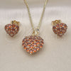 Oro Laminado Earring and Pendant Adult Set, Gold Filled Style Heart Design, with Garnet Cubic Zirconia, Polished, Golden Finish, 10.346.0001.1