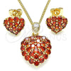 Oro Laminado Earring and Pendant Adult Set, Gold Filled Style Heart Design, with Garnet Cubic Zirconia, Polished, Golden Finish, 10.346.0001.1